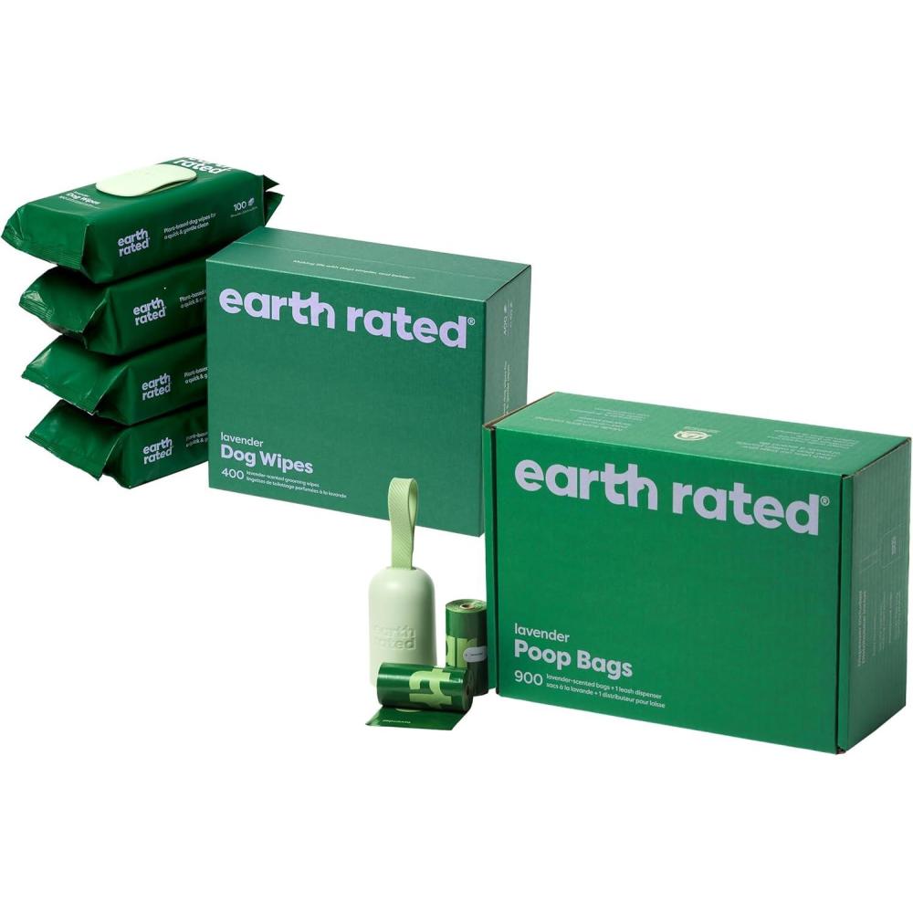 imageEarth Rated Dog Poop Bag Refill Rolls and Grooming Wipes Bundle Includes Includes 1 Poop Bag Dispenser 900 Leak Proof and Extra Thick Waste Bags and 400 Grooming Wipes Lavender Scented