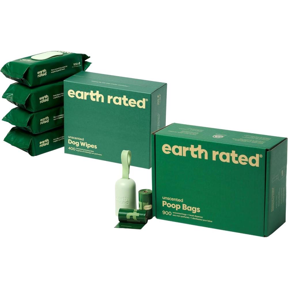 imageEarth Rated Dog Poop Bag Refill Rolls and Grooming Wipes Bundle Includes Includes 1 Poop Bag Dispenser 900 Leak Proof and Extra Thick Waste Bags and 400 Plant Based Grooming Wipes Unscented