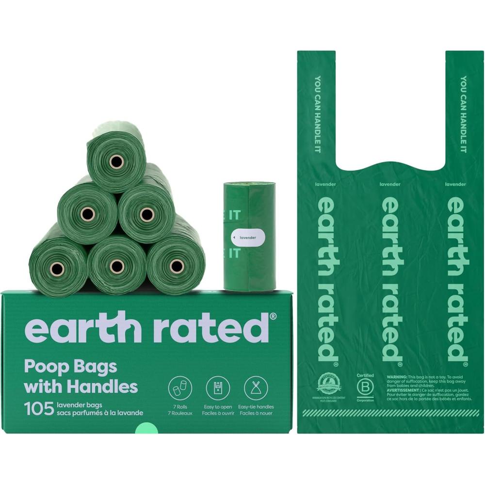 imageEarth Rated Dog Poop Bags with Handles on Refill Rolls EasyTie on a Compact Roll Extra Wide Opening Guaranteed LeakProof Unscented 105 on Rolls105 Handles on Rolls