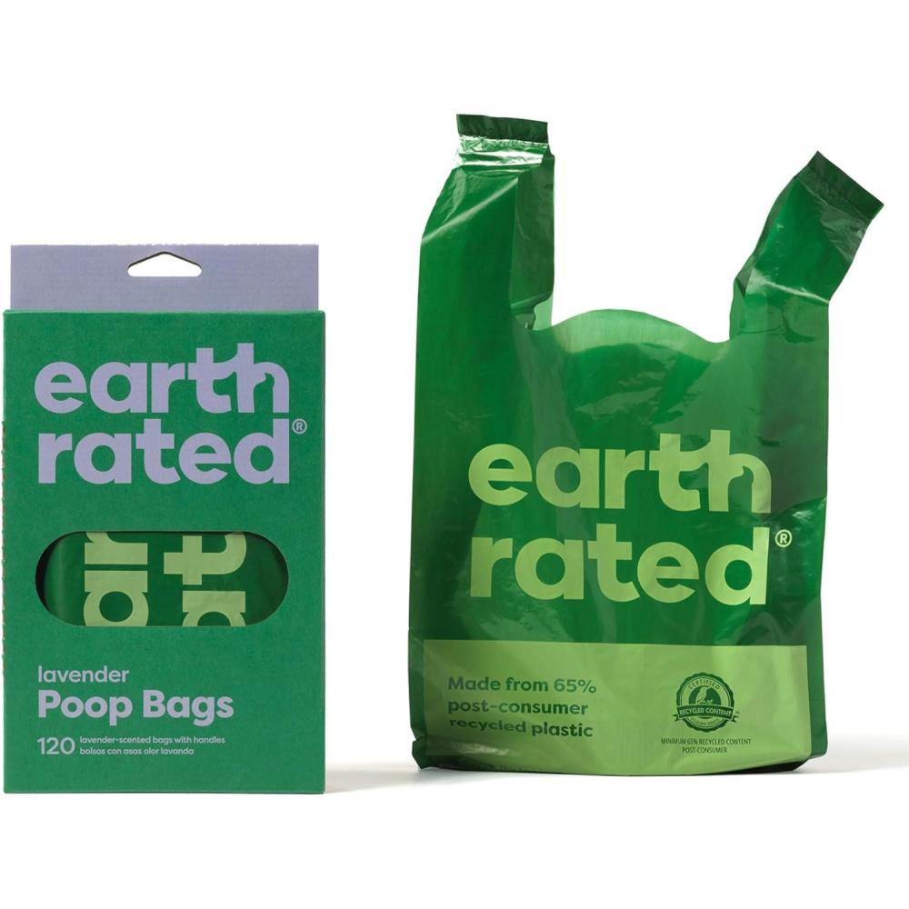 imageEarth Rated Dog Poop Bags with Handles on Refill Rolls EasyTie on a Compact Roll Extra Wide Opening Guaranteed LeakProof Unscented 105 on Rolls120 Handles  Dispensing Box