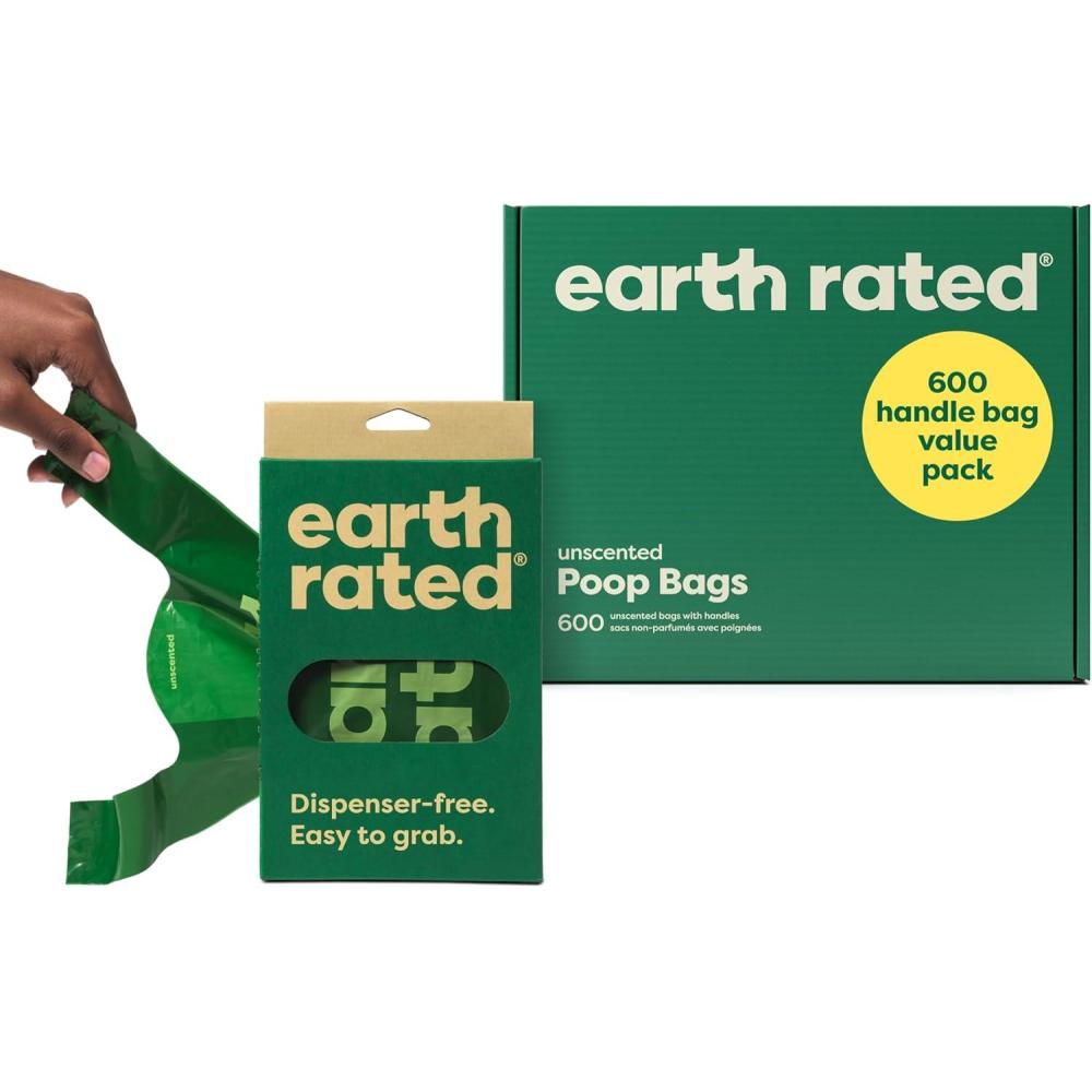 imageEarth Rated Dog Poop Bags with Handles on Refill Rolls EasyTie on a Compact Roll Extra Wide Opening Guaranteed LeakProof Unscented 105 on Rolls600 Handles Dispensing Box
