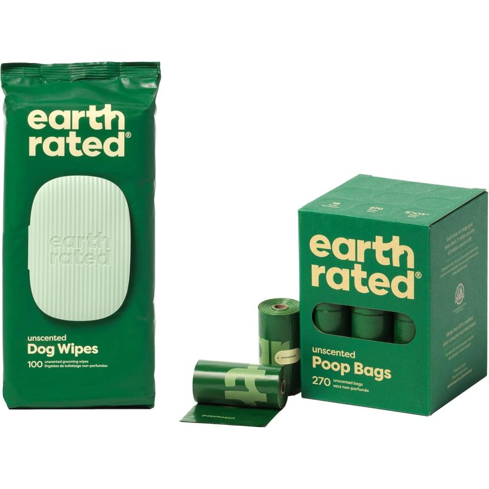 imageEarth Rated Dog Walking Essentials Bundle Includes 100 Unscented Dog Grooming Wipes and 270 Unscented Dog Waste Bags