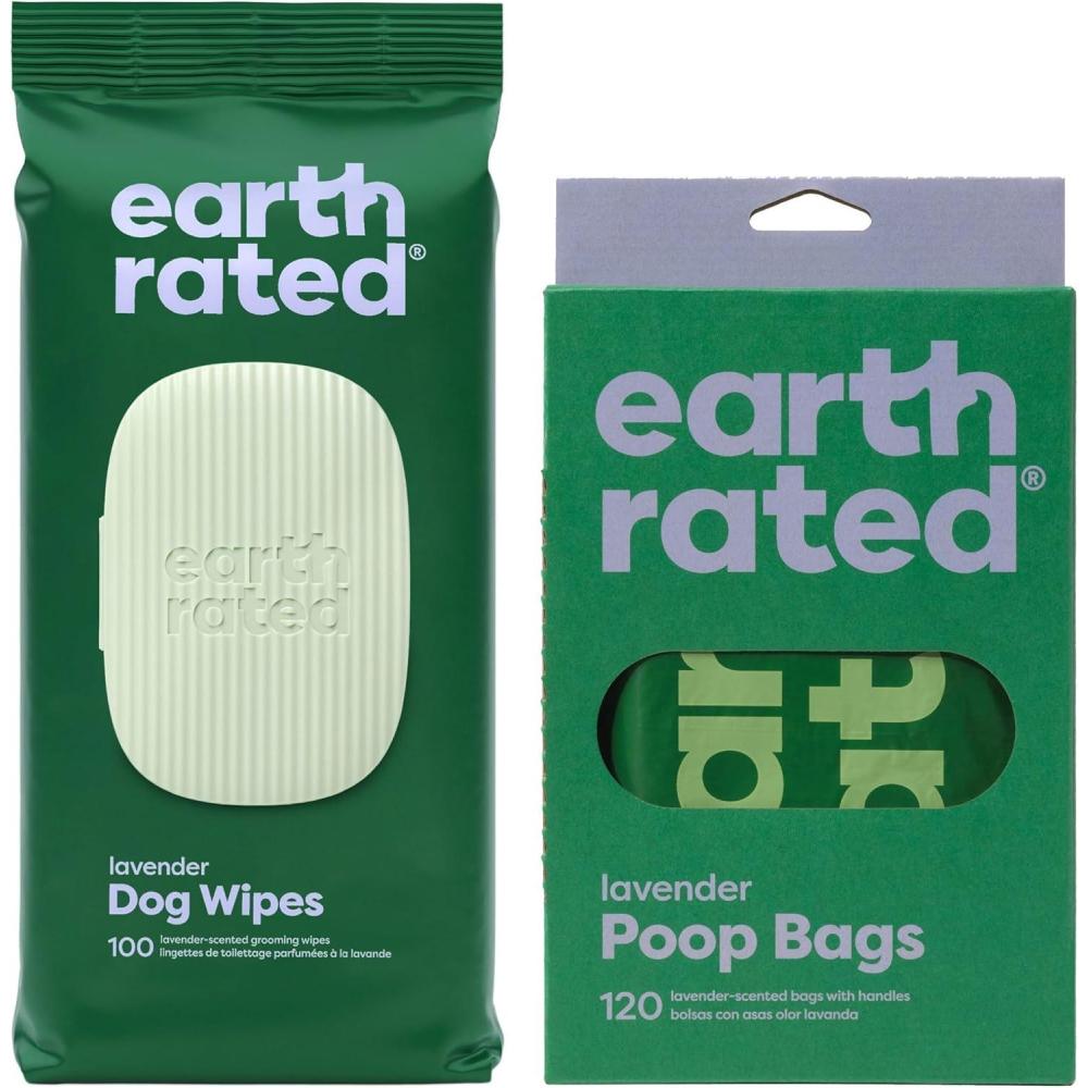 imageEarth Rated Dog Walking Essentials Bundle  Includes 120 Dog Waste Bags with Handles and 100 Dog Grooming Wipes LavenderScented