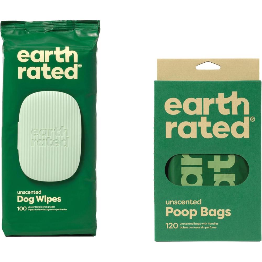 imageEarth Rated Dog Walking Essentials Bundle Includes 120 Dog Waste Bags with Handles and 100 Dog Grooming Wipes Unscented
