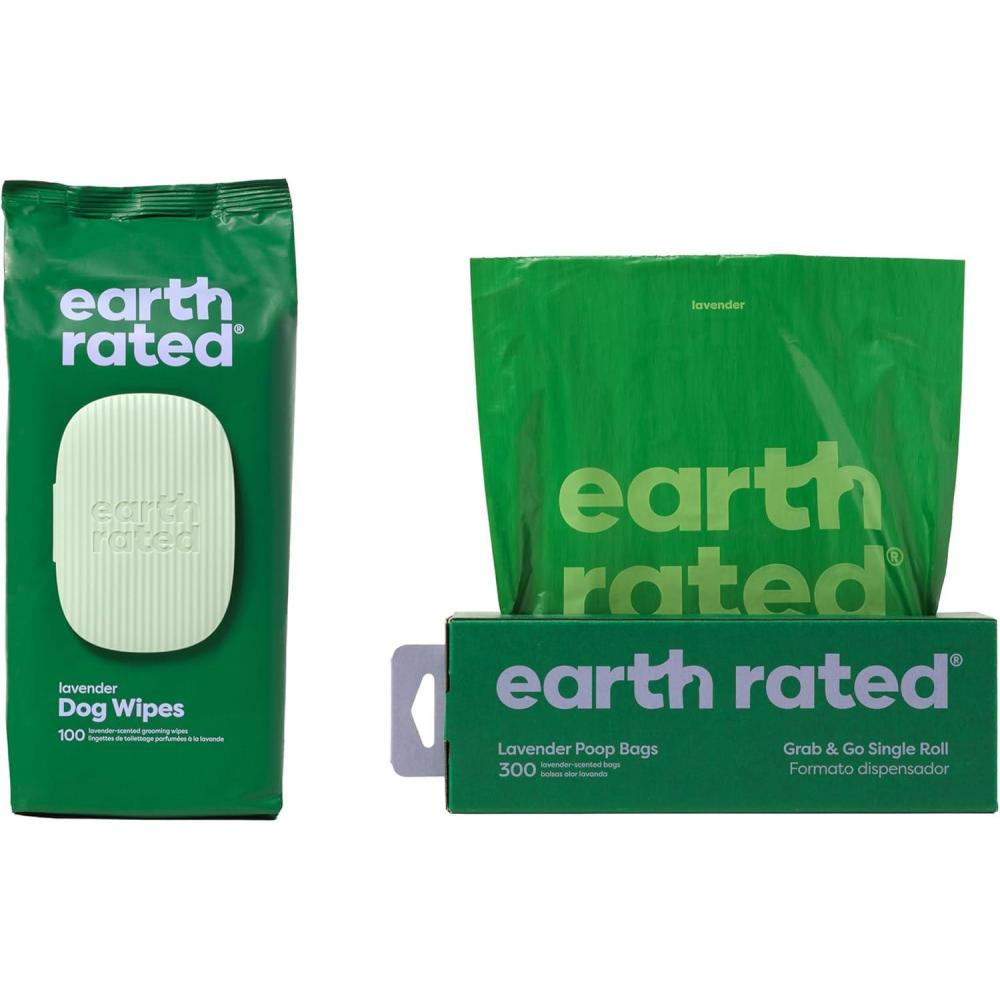 imageEarth Rated Dog Walking Essentials Bundle  Includes 300 Dog Waste Bags on Single Bulk Roll and 100 Dog Grooming Wipes LavenderScented