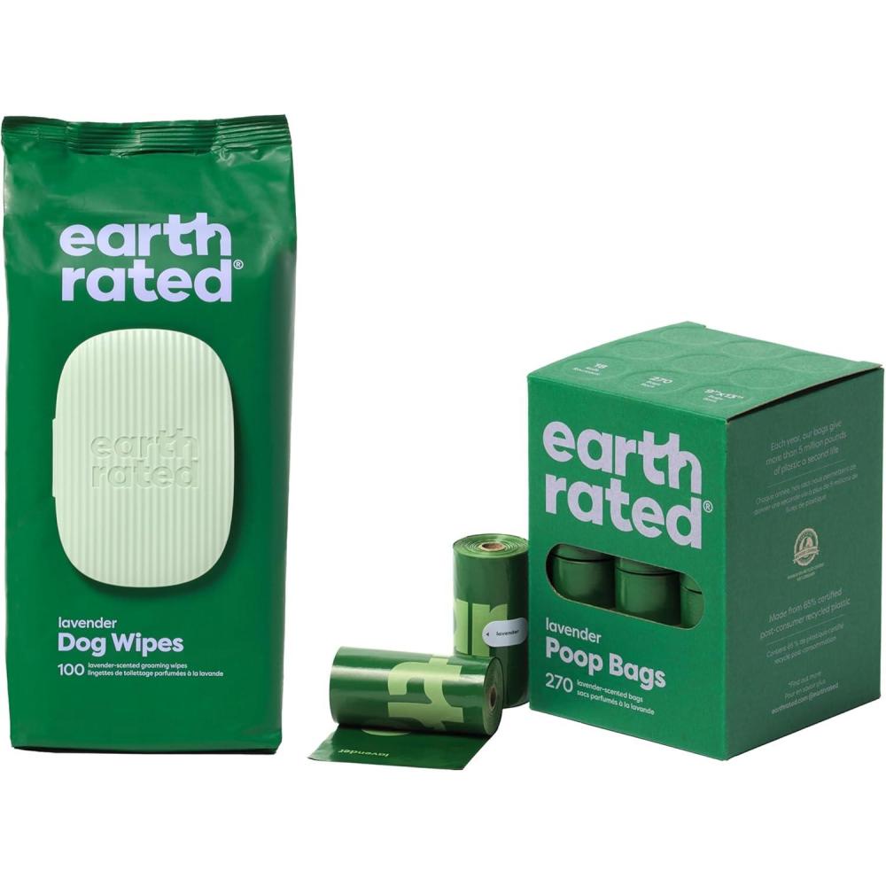 imageEarth Rated Essentials Bundle 100 Lavenderscented Grooming Wipes and 270 Dog Waste Bags