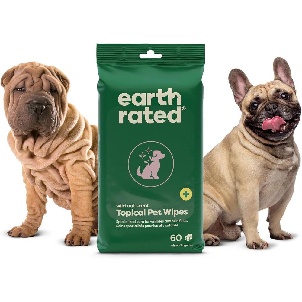 imageEarth Rated Wrinkle Wipes for Dogs Perfect for Bulldogs and Pugs to Cleanse Wrinkles and Folds Wild Oat Scent 60 Count