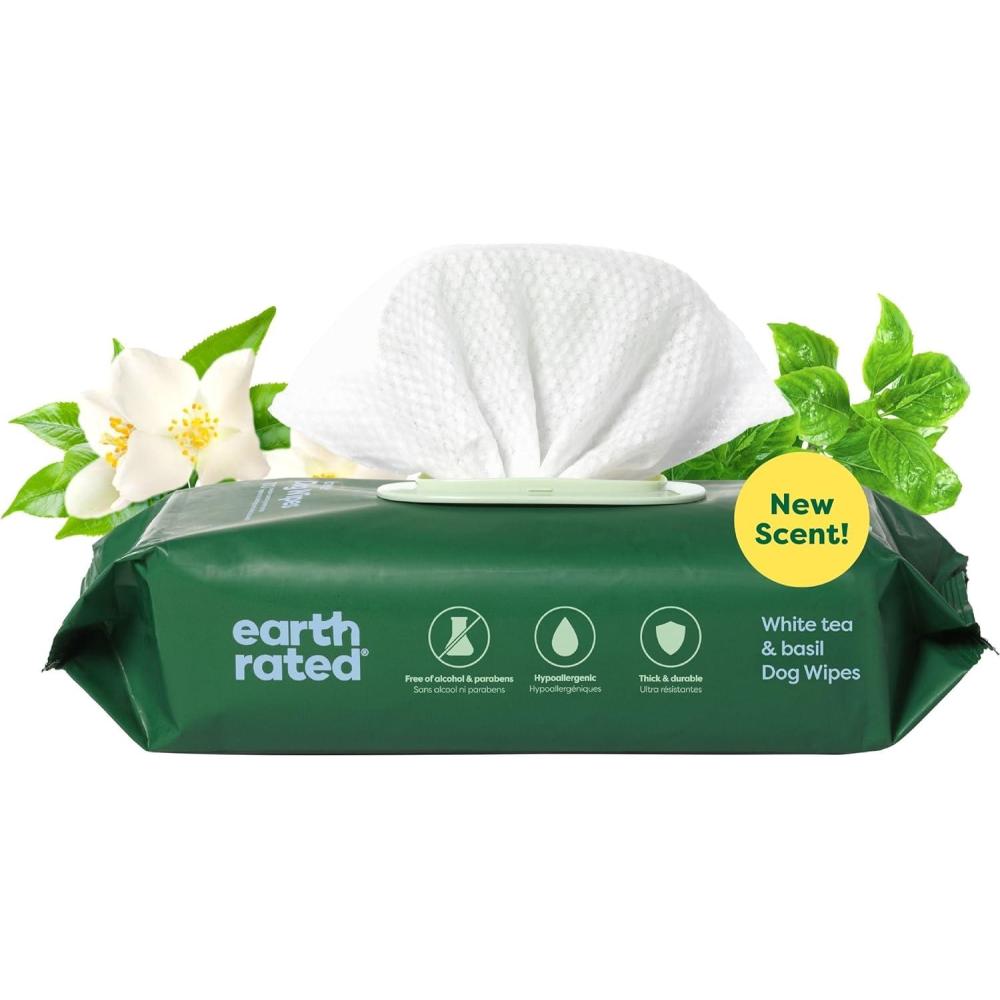 imageEarth Rated XL Pet Wipes for Dogs ampamp Cats 3in1 Unscented Hypoallergenic Cleaning Deodorizing and Hydrating Extra Large Grooming for Body Paws and Butt Unscented 60 CountWhite Tea Basil